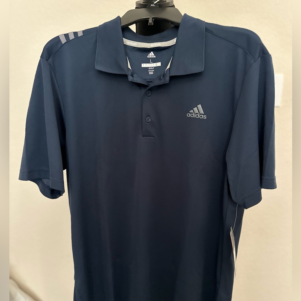 ADIDAS GOLF Men's 3-Stripes S/S Yoke Polo Shirt Navy/Grey Stripe SZ.L‎